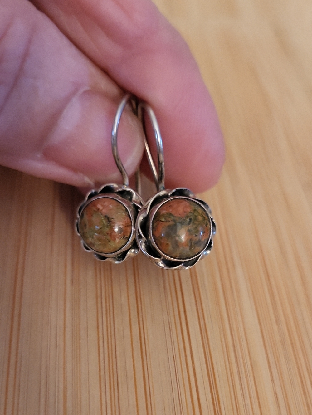 925 Silver Unikite Jasper Drop Earrings